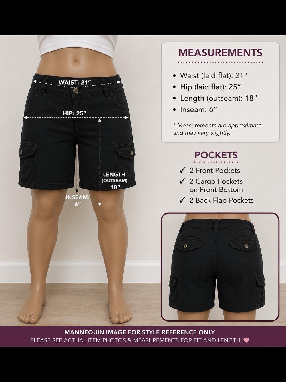 Style & Co Womans Plus 20W Black Cargo Shorts Utility Pockets Mid Rise 6 Pockets